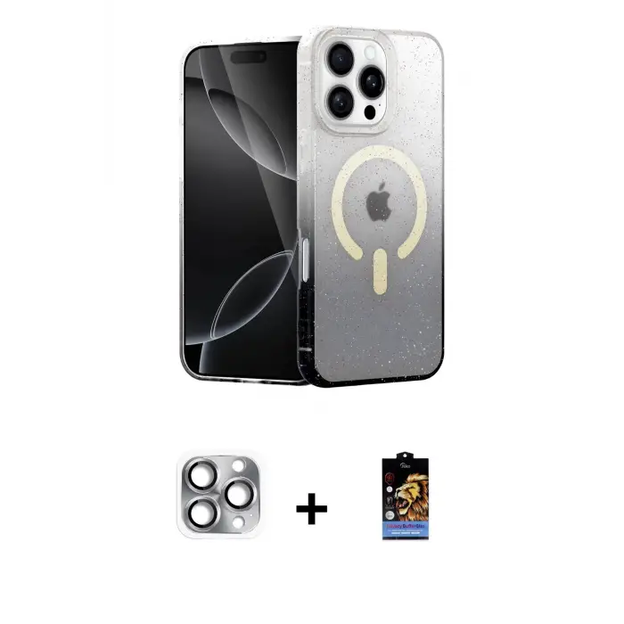 ieg™ iPhone 16 Pro Max Kılıf Eksen Minimal Özel Seri - Siyah Buffer Hayalet Cam Ekran Koruyucu + Pers Alüminyum Kamera Lens - GI