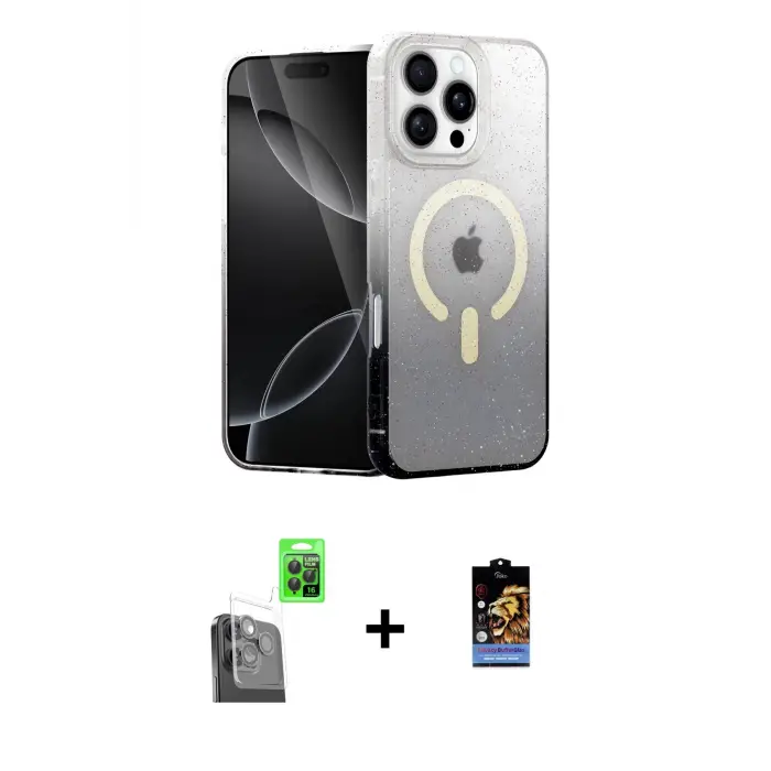 ieg™ iPhone 16 Pro Max Kılıf Eksen Minimal Özel Seri - Siyah Buffer Hayalet Cam Ekran Koruyucu + Raze Metal Kamera Lens - SH