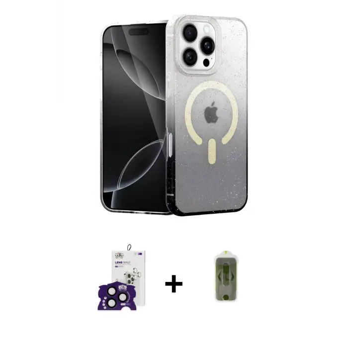 ieg™ iPhone 16 Pro Max Kılıf Eksen Minimal Özel Seri - Siyah Joko Magic 5D Hayalet Cam + Bilvis Titan Kamera Lens - SH
