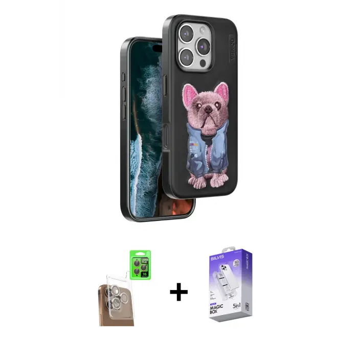 ieg™ iPhone 16 Pro Max Kılıf İz Minimal Koleksiyonu - Siyah Bilvis 5in1 3D Magic Cam Ekran Koruyucu + Raze Metal Kamera Lens - CLTM
