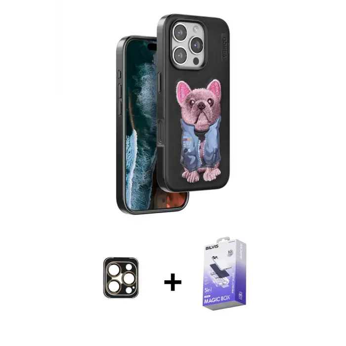 ieg™ iPhone 16 Pro Max Kılıf İz Minimal Koleksiyonu - Siyah Bilvis 5in1 5D Magic Hayalet Cam Ekran Koruyucu + PVD Metal Kamera Lens - GD