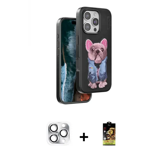 ieg™ iPhone 16 Pro Max Kılıf İz Minimal Koleksiyonu - Siyah Buffer Cam Ekran Koruyucu + Pers Alüminyum Kamera Lens - GS