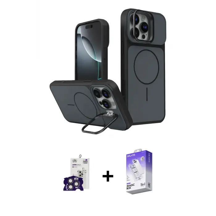 ieg™ iPhone 16 Pro Max Kılıf İz Modern Prime - Siyah Bilvis 5in1 3D Magic Cam Ekran Koruyucu + Bilvis Titan Kamera Lens - TMGI