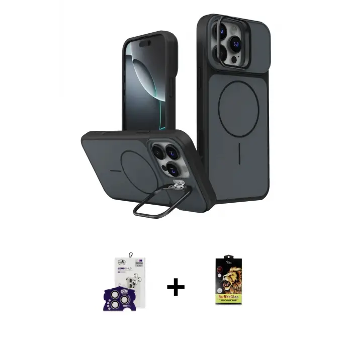 ieg™ iPhone 16 Pro Max Kılıf İz Modern Prime - Siyah Buffer Cam Ekran Koruyucu + Bilvis Titan Kamera Lens - TMGI