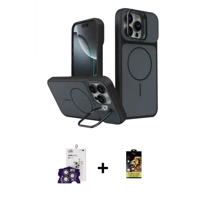 ieg™ iPhone 16 Pro Max Kılıf İz Modern Prime - Siyah Buffer Cam Ekran Koruyucu + Bilvis Titan Kamera Lens - GS