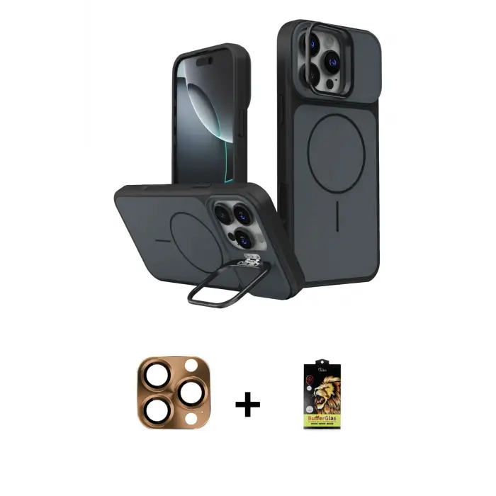 ieg™ iPhone 16 Pro Max Kılıf İz Modern Prime - Siyah Buffer Cam Ekran Koruyucu + Pers Alüminyum Kamera Lens - CLTM