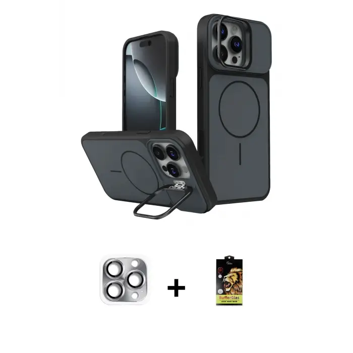 ieg™ iPhone 16 Pro Max Kılıf İz Modern Prime - Siyah Buffer Cam Ekran Koruyucu + Pers Alüminyum Kamera Lens - GI