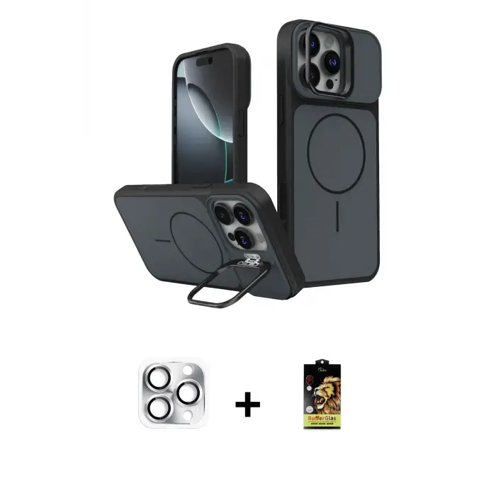 ieg™ iPhone 16 Pro Max Kılıf İz Modern Prime - Siyah Buffer Cam Ekran Koruyucu + Pers Alüminyum Kamera Lens - GS