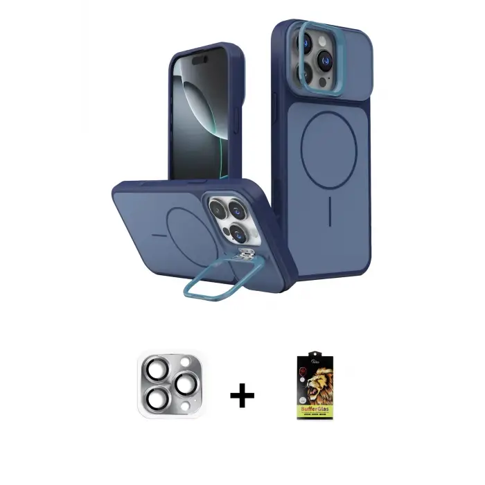 ieg™ iPhone 16 Pro Max Kılıf İz Modern Prime - Siyah Buffer Cam Ekran Koruyucu + Pers Alüminyum Kamera Lens - GI