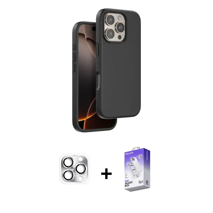 ieg™ iPhone 16 Pro Max Kılıf Kıvılcım Çizgi Serisi - Siyah Bilvis 5in1 3D Magic Cam Ekran Koruyucu + Pers Alüminyum Kamera Lens - GS