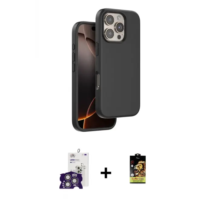 ieg™ iPhone 16 Pro Max Kılıf Kıvılcım Çizgi Serisi - Siyah Buffer Cam Ekran Koruyucu + Bilvis Titan Kamera Lens - GS
