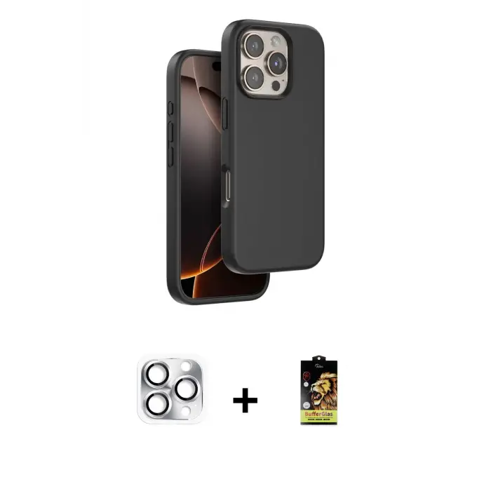 ieg™ iPhone 16 Pro Max Kılıf Kıvılcım Çizgi Serisi - Siyah Buffer Cam Ekran Koruyucu + Pers Alüminyum Kamera Lens - GS