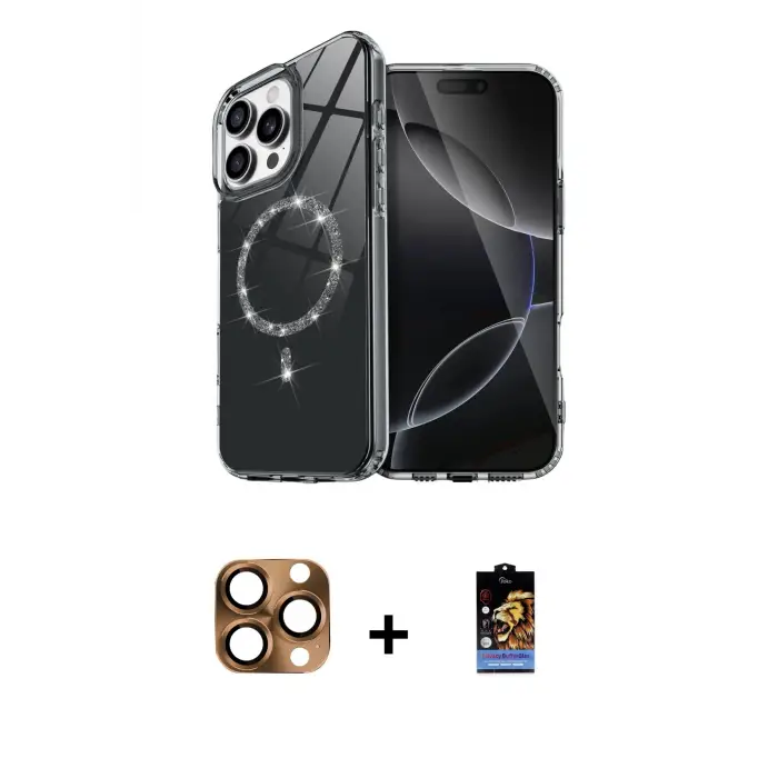 ieg™ iPhone 16 Pro Max Kılıf Kıvılcım Form Prime - Siyah Buffer Hayalet Cam Ekran Koruyucu + Pers Alüminyum Kamera Lens - CLTM
