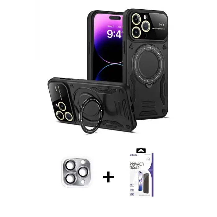 ieg™ iPhone 16 Pro Max Kılıf Kıvılcım Modern Serisi - Siyah Bilvis 3X AR Hayalet Cam Ekran Koruyucu + Pers Alüminyum Kamera Lens - GI