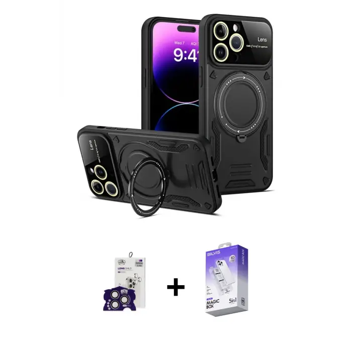 ieg™ iPhone 16 Pro Max Kılıf Kıvılcım Modern Serisi - Siyah Bilvis 5in1 3D Magic Cam Ekran Koruyucu + Bilvis Titan Kamera Lens - TMGI