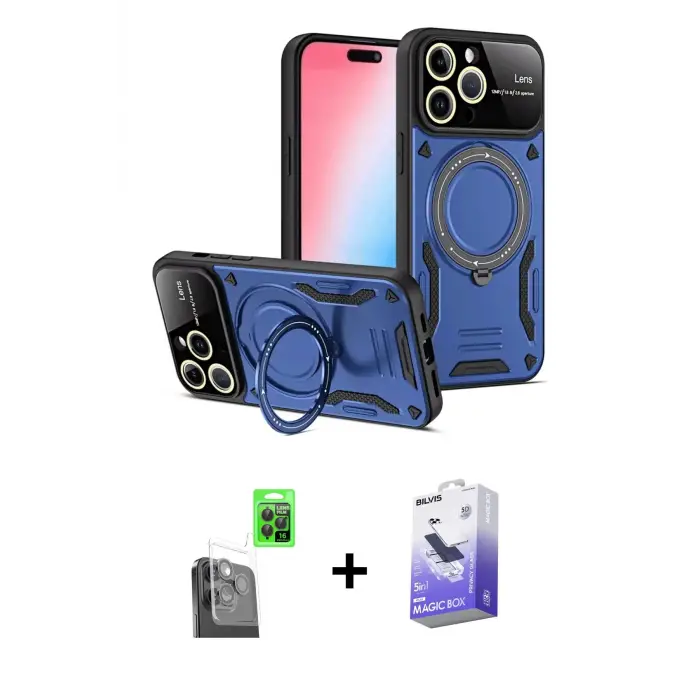 ieg™ iPhone 16 Pro Max Kılıf Kıvılcım Modern Serisi - Siyah Bilvis 5in1 5D Magic Hayalet Cam Ekran Koruyucu + Raze Metal Kamera Lens - SH