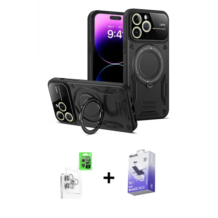 ieg™ iPhone 16 Pro Max Kılıf Kıvılcım Modern Serisi - Siyah Bilvis 5in1 5D Magic Hayalet Cam Ekran Koruyucu + Raze Metal Kamera Lens - BZ