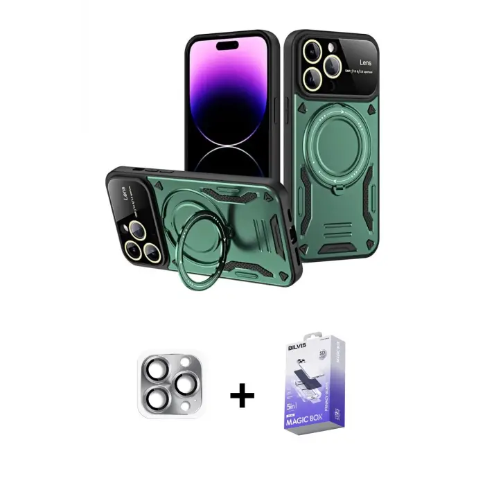 ieg™ iPhone 16 Pro Max Kılıf Kıvılcım Modern Serisi - Siyah Bilvis 5in1 5D Magic Hayalet Cam Ekran Koruyucu + Pers Alüminyum Kamera Lens - GI