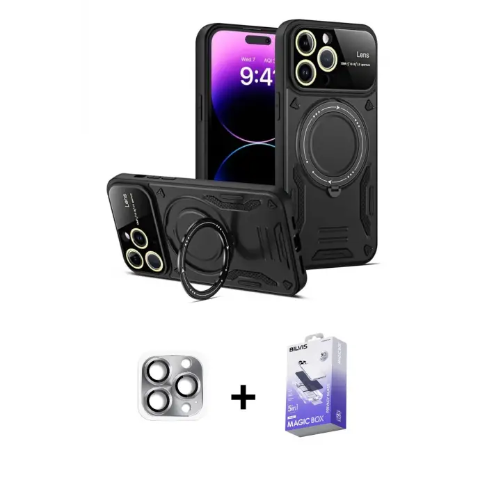 ieg™ iPhone 16 Pro Max Kılıf Kıvılcım Modern Serisi - Siyah Bilvis 5in1 5D Magic Hayalet Cam Ekran Koruyucu + Pers Alüminyum Kamera Lens - GI