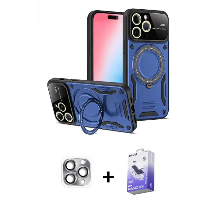 ieg™ iPhone 16 Pro Max Kılıf Kıvılcım Modern Serisi - Siyah Bilvis 5in1 5D Magic Hayalet Cam Ekran Koruyucu + Pers Alüminyum Kamera Lens - GI