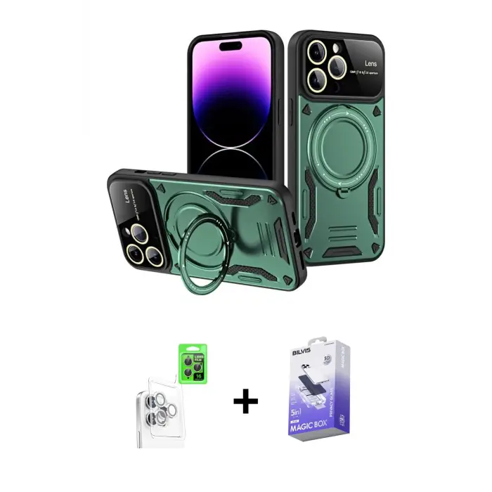 ieg™ iPhone 16 Pro Max Kılıf Kıvılcım Modern Serisi - Siyah Bilvis 5in1 5D Magic Hayalet Cam Ekran Koruyucu + Raze Metal Kamera Lens - BZ
