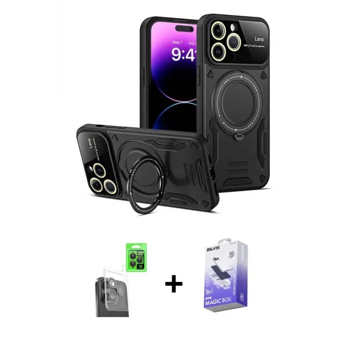 ieg™ iPhone 16 Pro Max Kılıf Kıvılcım Modern Serisi - Siyah Bilvis 5in1 5D Magic Hayalet Cam Ekran Koruyucu + Raze Metal Kamera Lens - SH