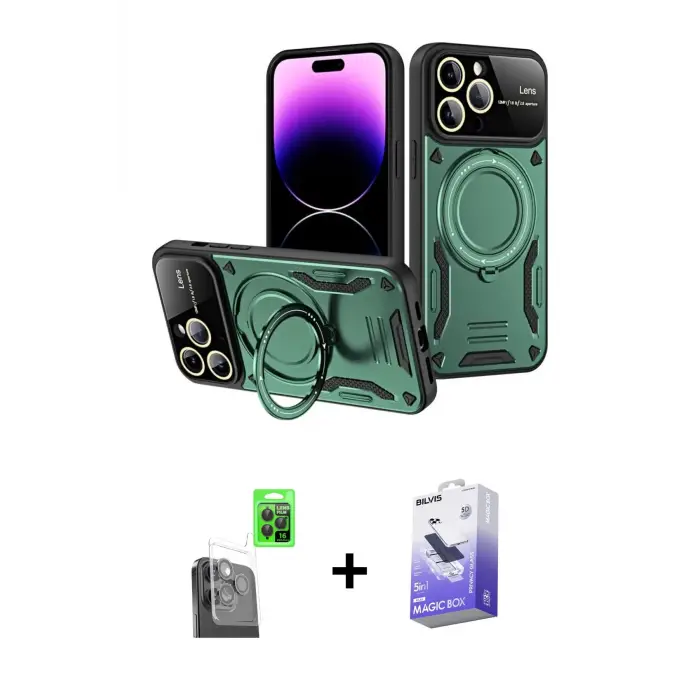 ieg™ iPhone 16 Pro Max Kılıf Kıvılcım Modern Serisi - Siyah Bilvis 5in1 5D Magic Hayalet Cam Ekran Koruyucu + Raze Metal Kamera Lens - SH