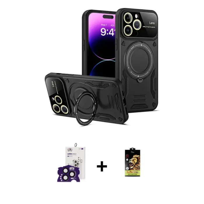 ieg™ iPhone 16 Pro Max Kılıf Kıvılcım Modern Serisi - Siyah Buffer Cam Ekran Koruyucu + Bilvis Titan Kamera Lens - SH