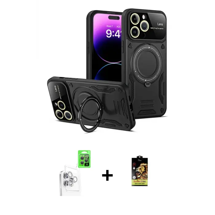 ieg™ iPhone 16 Pro Max Kılıf Kıvılcım Modern Serisi - Siyah Buffer Cam Ekran Koruyucu + Raze Metal Kamera Lens - BZ
