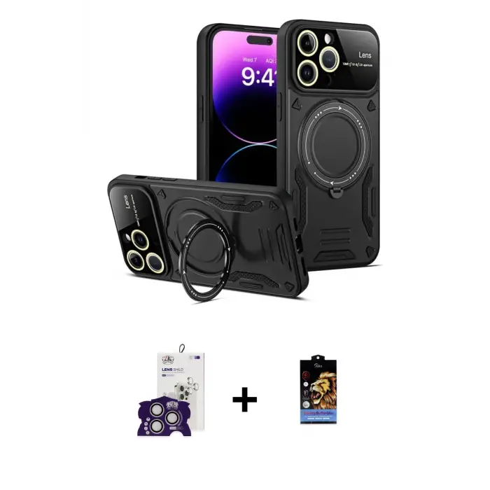 ieg™ iPhone 16 Pro Max Kılıf Kıvılcım Modern Serisi - Siyah Buffer Hayalet Cam Ekran Koruyucu + Bilvis Titan Kamera Lens - GS