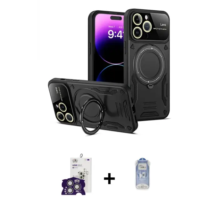 ieg™ iPhone 16 Pro Max Kılıf Kıvılcım Modern Serisi - Siyah Joko Magic 5D Cam + Bilvis Titan Kamera Lens - GS