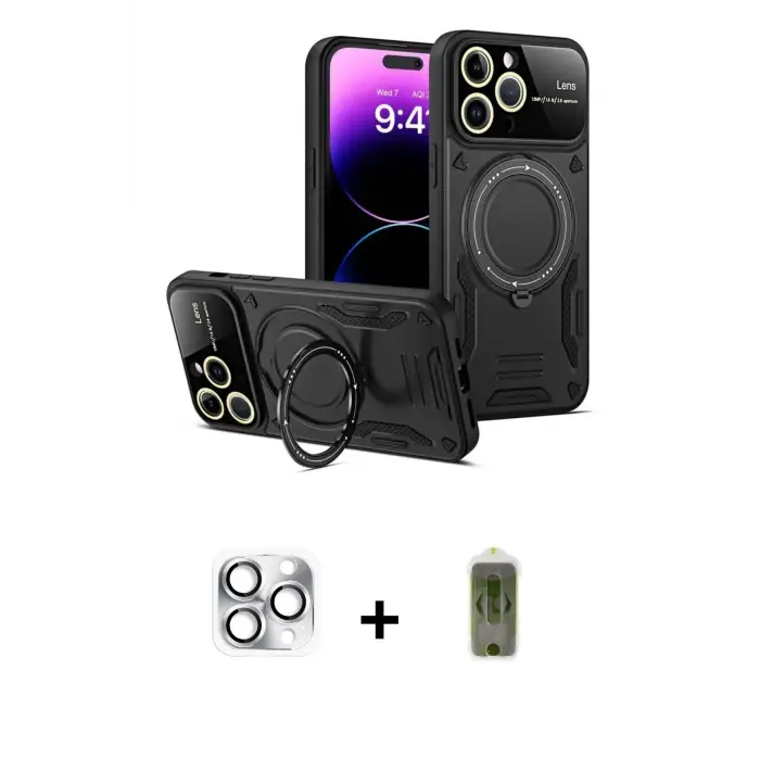 ieg™ iPhone 16 Pro Max Kılıf Kıvılcım Modern Serisi - Siyah Joko Magic 5D Hayalet Cam + Pers Alüminyum Kamera Lens - GS
