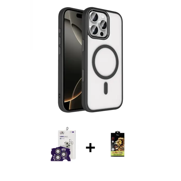 ieg™ iPhone 16 Pro Max Kılıf Kıvılcım Prime - Siyah Buffer Cam Ekran Koruyucu + Bilvis Titan Kamera Lens - GS