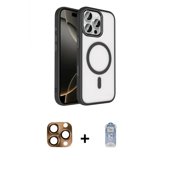 ieg™ iPhone 16 Pro Max Kılıf Kıvılcım Prime - Siyah Joko Magic 5D Cam + Pers Alüminyum Kamera Lens - CLTM