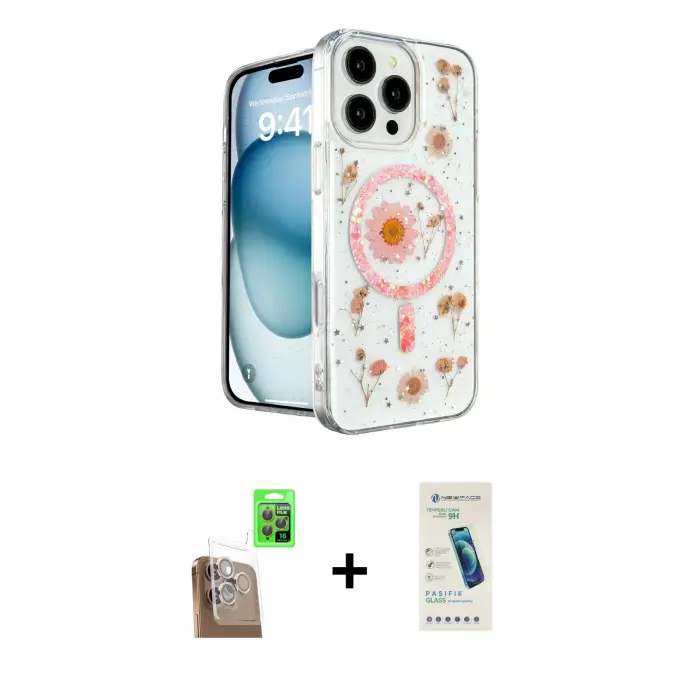 ieg™ iPhone 16 Pro Max Kılıf Kozmos Doku - Şeffaf Pasifik Cam Ekran Koruyucu + Raze Metal Kamera Lens - CLTM
