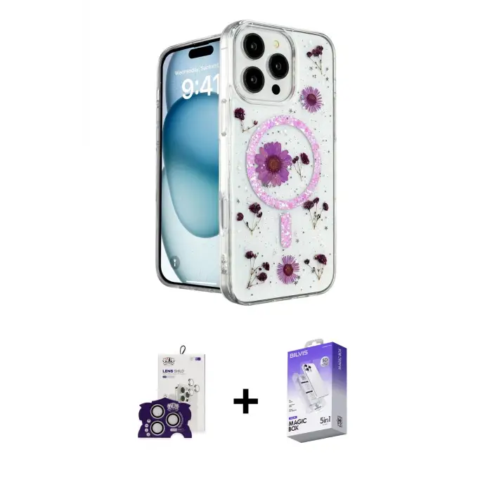 ieg™ iPhone 16 Pro Max Kılıf Kozmos Doku - Siyah Bilvis 5in1 3D Magic Cam Ekran Koruyucu + Bilvis Titan Kamera Lens - GS