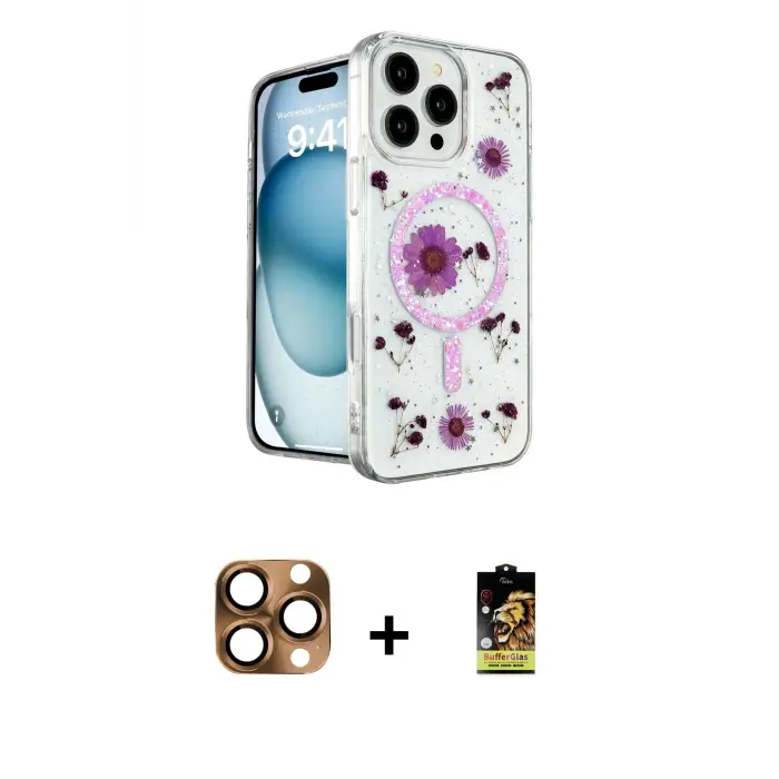 ieg™ iPhone 16 Pro Max Kılıf Kozmos Doku - Siyah Buffer Cam Ekran Koruyucu + Pers Alüminyum Kamera Lens - CLTM