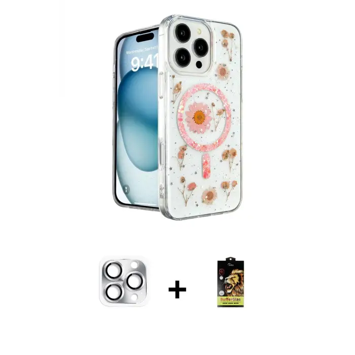 ieg™ iPhone 16 Pro Max Kılıf Kozmos Doku - Siyah Buffer Cam Ekran Koruyucu + Pers Alüminyum Kamera Lens - GS