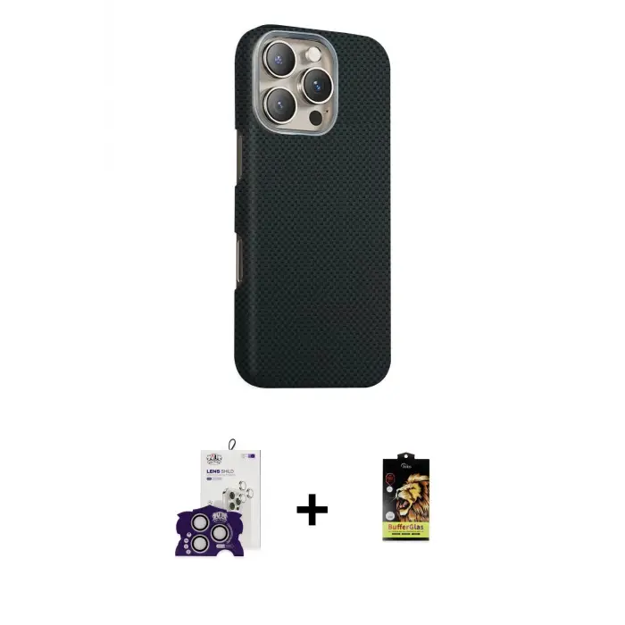 ieg™ iPhone 16 Pro Max Kılıf Kozmos Klasik Prime - Siyah Buffer Cam Ekran Koruyucu + Bilvis Titan Kamera Lens - GS