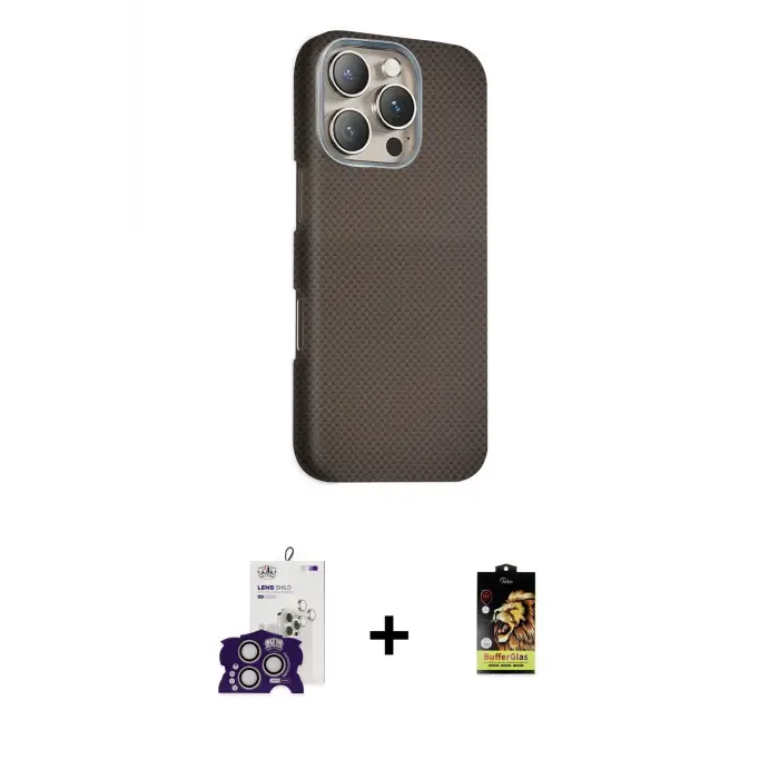 ieg™ iPhone 16 Pro Max Kılıf Kozmos Klasik Prime - Siyah Buffer Cam Ekran Koruyucu + Bilvis Titan Kamera Lens - GS