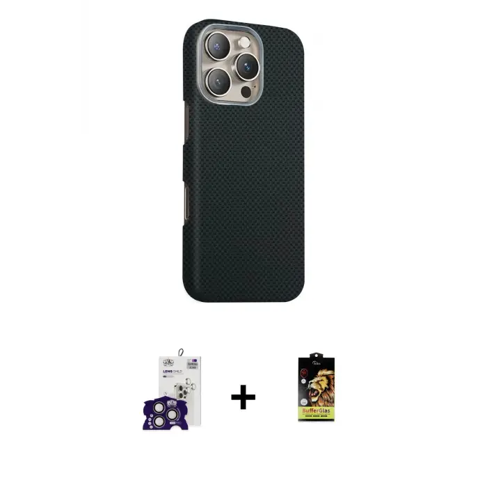 ieg™ iPhone 16 Pro Max Kılıf Kozmos Klasik Prime - Siyah Buffer Cam Ekran Koruyucu + Bilvis Titan Kamera Lens - TMGI