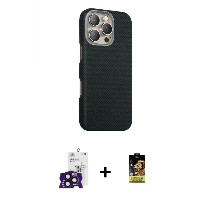ieg™ iPhone 16 Pro Max Kılıf Kozmos Klasik Prime - Siyah Buffer Cam Ekran Koruyucu + Bilvis Titan Kamera Lens - SH