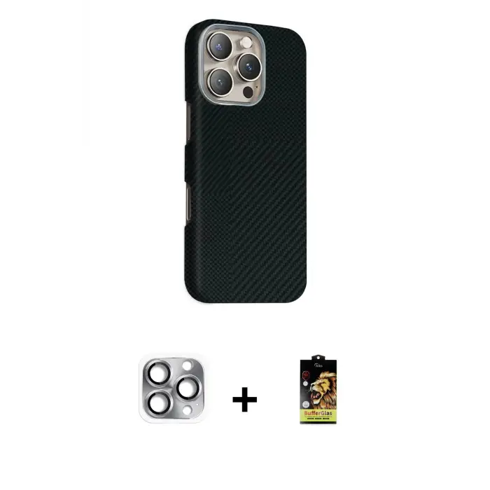 ieg™ iPhone 16 Pro Max Kılıf Kozmos Klasik Prime - Siyah Buffer Cam Ekran Koruyucu + Pers Alüminyum Kamera Lens - GI