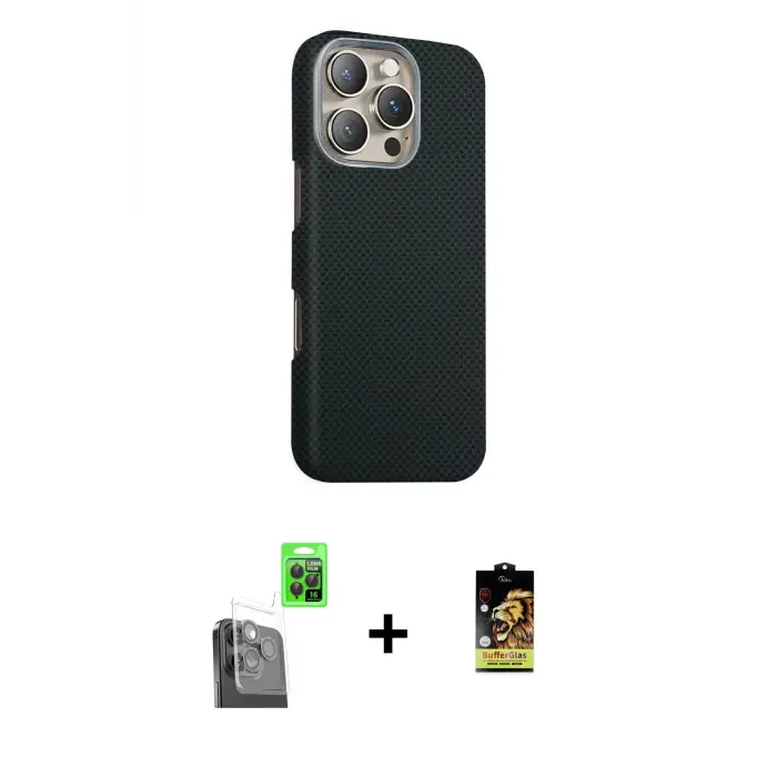 ieg™ iPhone 16 Pro Max Kılıf Kozmos Klasik Prime - Siyah Buffer Cam Ekran Koruyucu + Raze Metal Kamera Lens - SH
