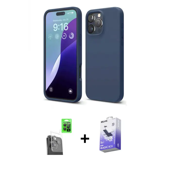 ieg™ iPhone 16 Pro Max Kılıf Kozmos Yansıma Özel Seri - Siyah Bilvis 5in1 5D Magic Hayalet Cam Ekran Koruyucu + Raze Metal Kamera Lens - SH