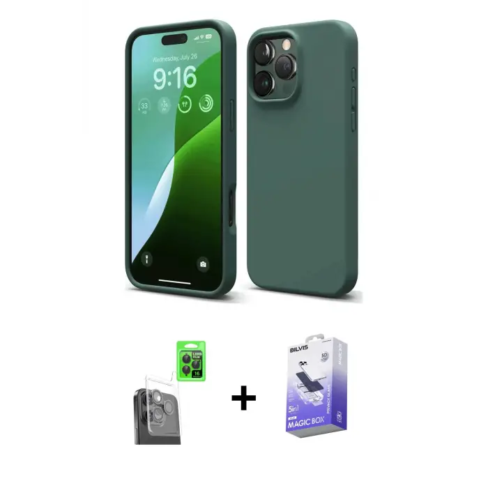 ieg™ iPhone 16 Pro Max Kılıf Kozmos Yansıma Özel Seri - Siyah Bilvis 5in1 5D Magic Hayalet Cam Ekran Koruyucu + Raze Metal Kamera Lens - SH