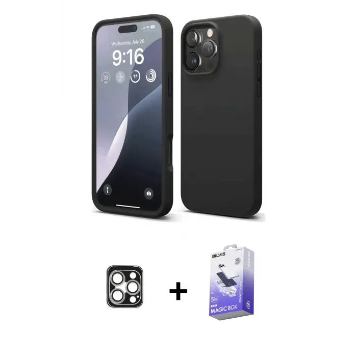 ieg™ iPhone 16 Pro Max Kılıf Kozmos Yansıma Özel Seri - Siyah Bilvis 5in1 5D Magic Hayalet Cam Ekran Koruyucu + PVD Metal Kamera Lens - GS