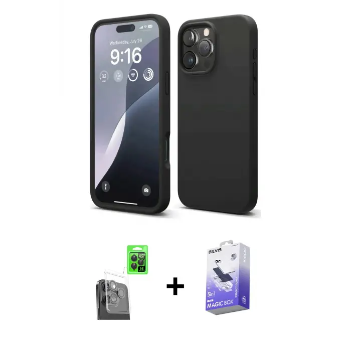ieg™ iPhone 16 Pro Max Kılıf Kozmos Yansıma Özel Seri - Siyah Bilvis 5in1 5D Magic Hayalet Cam Ekran Koruyucu + Raze Metal Kamera Lens - SH