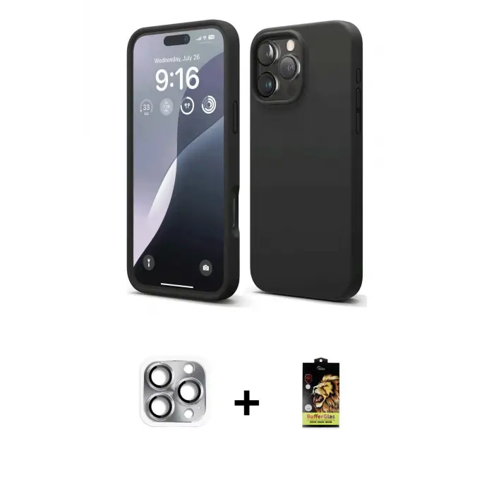 ieg™ iPhone 16 Pro Max Kılıf Kozmos Yansıma Özel Seri - Siyah Buffer Cam Ekran Koruyucu + Pers Alüminyum Kamera Lens - GI