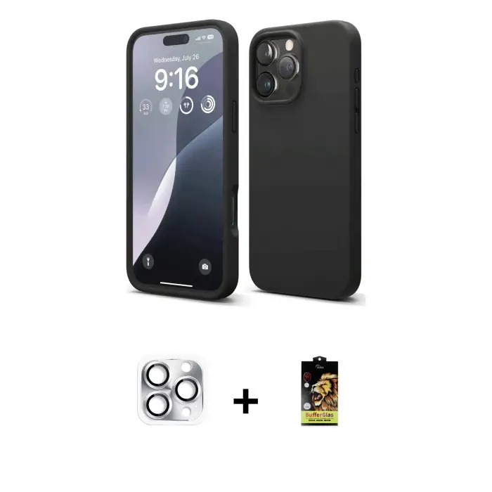 ieg™ iPhone 16 Pro Max Kılıf Kozmos Yansıma Özel Seri - Siyah Buffer Cam Ekran Koruyucu + Pers Alüminyum Kamera Lens - GS